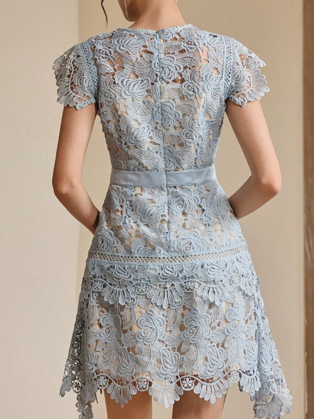 Baby Blue Elegant Women's Festival Lace Embroidery Round Neck Short Sleeve Dress - Picture 2 of 5